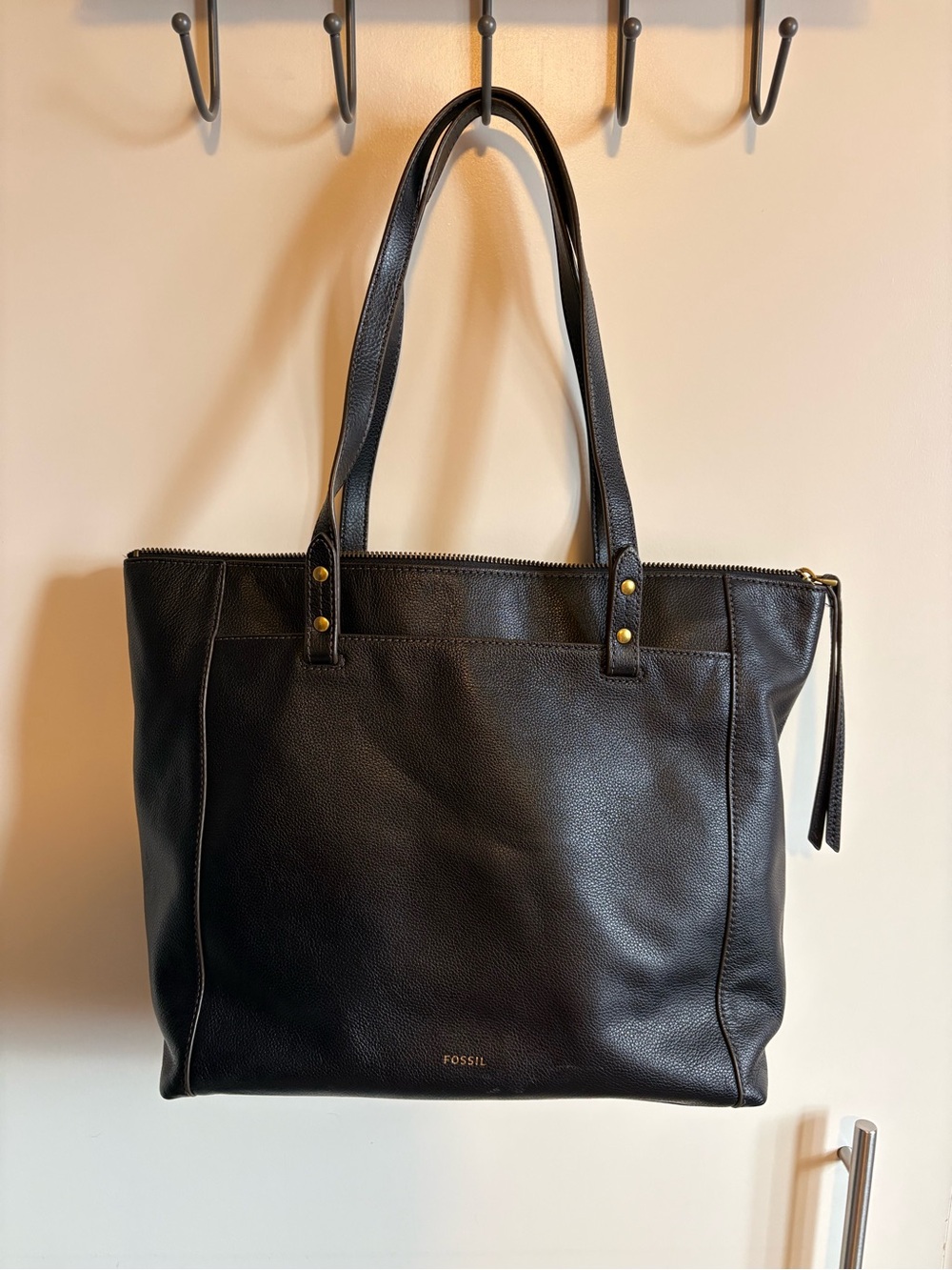 Fossil Black Pebbled Leather Tote with Gold Accents